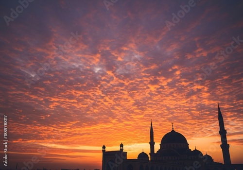 Dramatic sunset silhouette of a majestic mosque featuring minarets and domes beneath a sky full of stunning orange clouds.