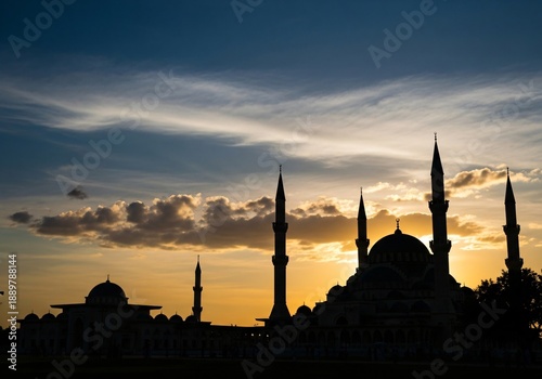 Majestic mosque architecture silhouetted by a vibrant sunset sky with striking blue and golden hues.