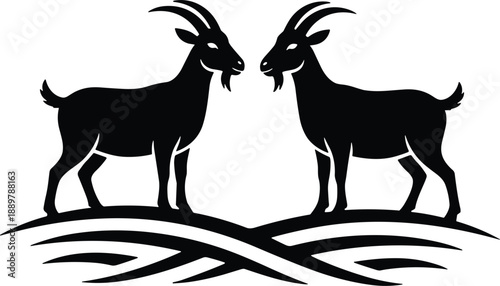 Two mirrored goat silhouettes facing each other on abstract ground isolated black vector illustration design minimalist symmetrical animal art