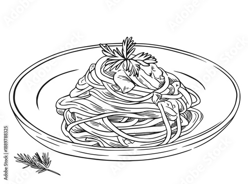 Pasta on plate with sauce and herbs. Spaghetti sketch line art vector illustration