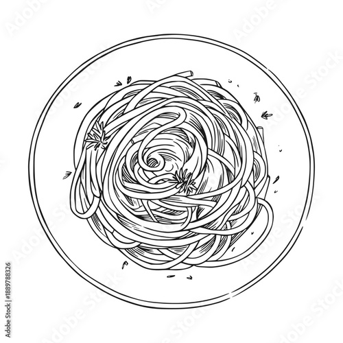 Pasta on plate with sauce and herbs. Spaghetti sketch line art vector illustration