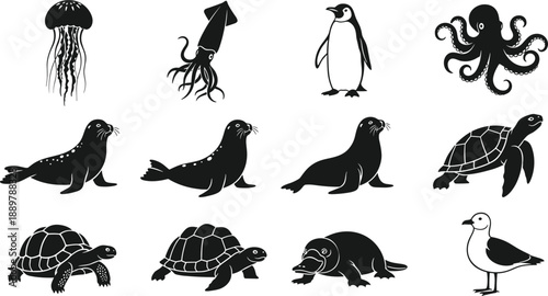 Diverse collection of sea life silhouettes including jellyfish, octopus, penguin, seal, turtle, and seagull, isolated black vector icons for marine biology and nature design.