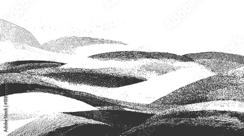 Abstract monochrome landscape with rolling hills and textured shading