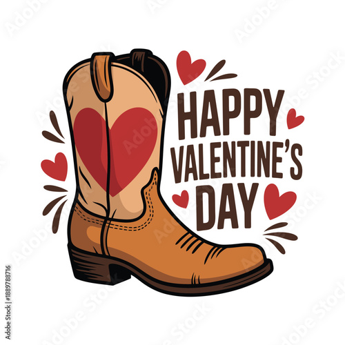 A cowboy boot with a heart on it and the words Happy Valentine's Day.