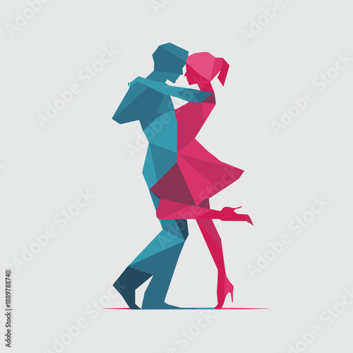 Abstract low poly romantic couple dancing in red and blue symbolizing unity passion and emotional balance