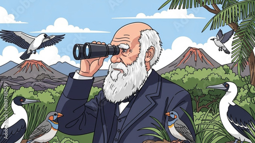 Elderly man in suit using binoculars to observe birds in tropical landscape with volcanoes