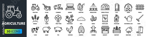 Set of 24 Agriculture and Farm Life Icons. Vector Symbols for Farming, Livestock, Tractor, Harvest, and Agronomy.