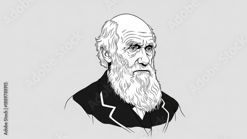 Portrait of charles darwin with a contemplative expression in a simple black and white line drawing style on a light gray background