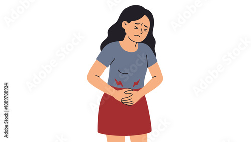 A woman experiencing abdominal pain in a simple vector graphic illustration