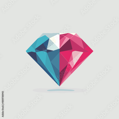 Faceted diamond shape in blue and pink tones symbolizing value balance duality and modern elegance in low poly geometric style