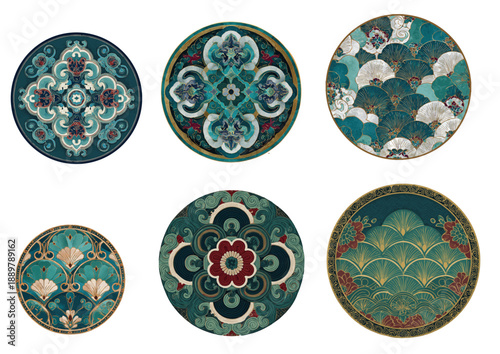 Set of traditional Asian teal and gold vector round patterns with wave and cloud motifs (Korean Dancheong art concept) (파도와 구름 모티프가 있는 전통 아시아 청록색과 금색 원형 패턴 세트 - 한국 단청 예술 컨셉)