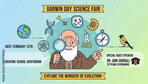 Darwin day science fair poster with cartoon charles darwin and evolution symbols