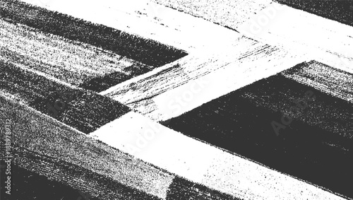Abstract textured black and white intersecting geometric shapes with rough edges and grainy detail