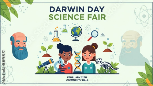 Darwin day science fair poster with kids and science equipment