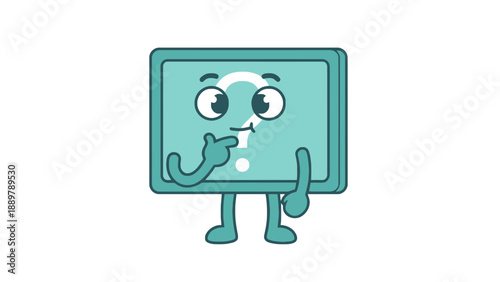 A cartoon teal television character with a puzzled expression on its face