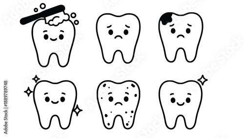 A set of cartoon teeth with different expressions and conditions on a white background