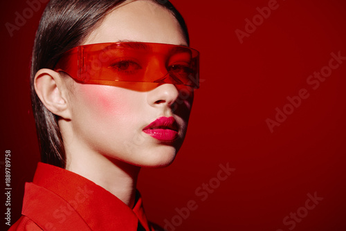 Foto Close-up portrait of a woman wearing translucent red visor glasses and vibrant lipstick
