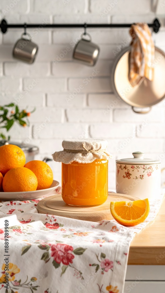 Obraz premium Orange Jam Jar with Fresh Oranges in Cottage Kitchen