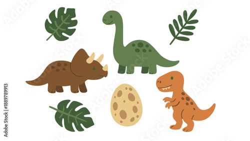 A colorful illustration of dinosaurs and leaves on a white background