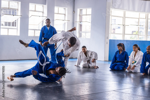 Εκτύπωση καμβά African american men executing judo throw in gis on dojo mats under instructor w