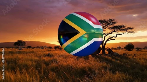 South Africa flag sphere hovering over savannah landscape with lions at sunset south african flag