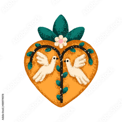 Heart with peace birds, dove couple, flower decoration. Mexican corazon symbo...