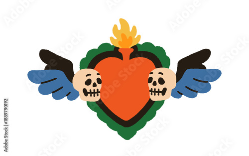 Mexican heart with skulls, wings and fire crown. Mexico corazon, folk ethnic ...
