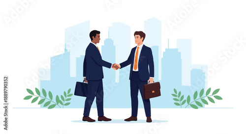 Two professionals in suits shake hands in front of a modern city skyline, signaling agreement and partnership. Each carries a briefcase, surrounded by greenery, symbolizing collaboration and growth