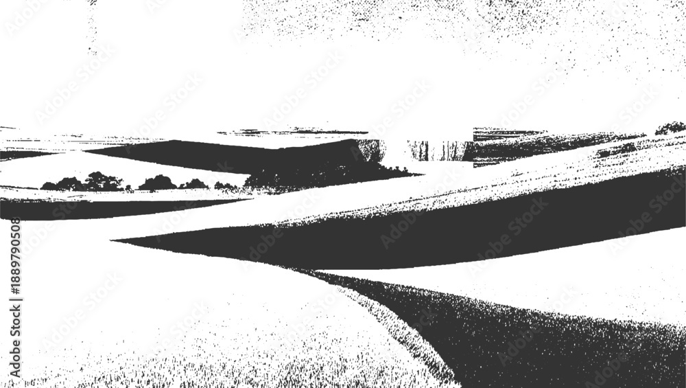 Obraz premium Black and white textured landscape with rolling hills and distant trees