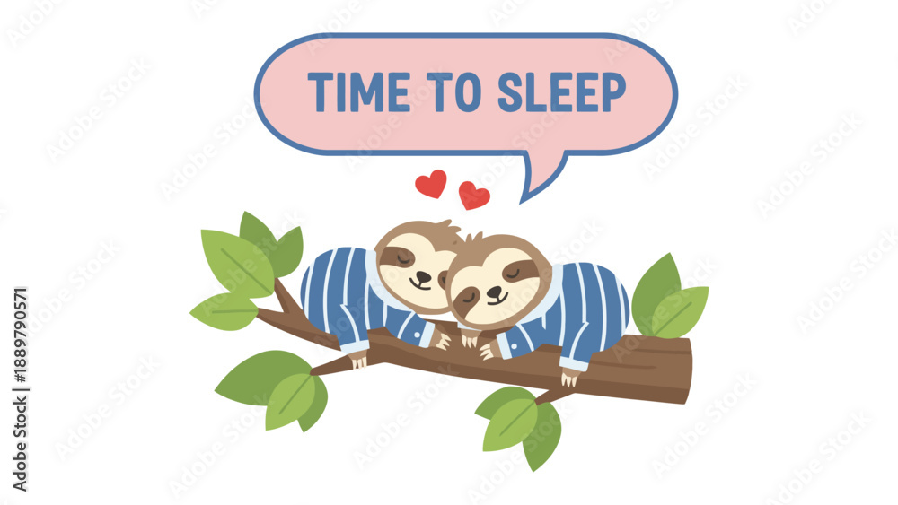 Obraz premium Two adorable sloths sleeping on a tree branch with a speech bubble