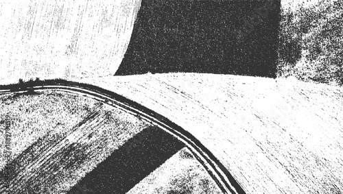 Black and white textured aerial view of agricultural fields and a curved road abstract background