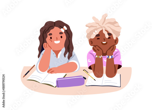 Elementary school children at desk. Happy black boy and girl sitting together, learning. Child classmates, little kid students, pupils at table. Flat vector illustration isolated on white background