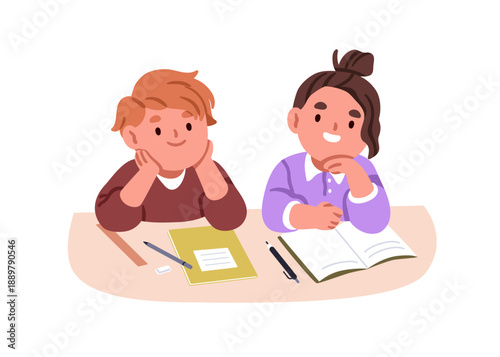 School kids sitting at study desk. Happy smiling girl and boy pupils together at table. Child students in elementary class. Children classmates. Flat vector illustration isolated on white background