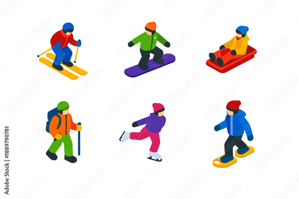 Fototapeta premium Isometric winter sports icons featuring skiing, snowboarding, sledding, hiking, ice skating, and snowshoeing in colorful outdoor attire