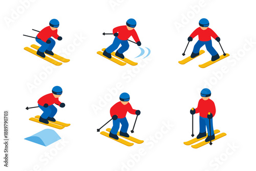 Set of illustrated skiers in different downhill poses with poles and helmets, showing turns, speed, and jumping actions on snowy slopes