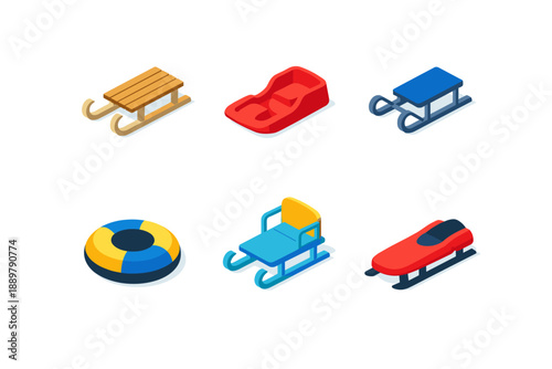Isometric winter sledding equipment set featuring classic sleds, plastic toboggans, inflatable snow tube, and sport luge on a white background