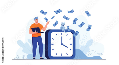 Happy Person With Laptop Celebrates Payday as Clock and Money Rain Creates Excitement