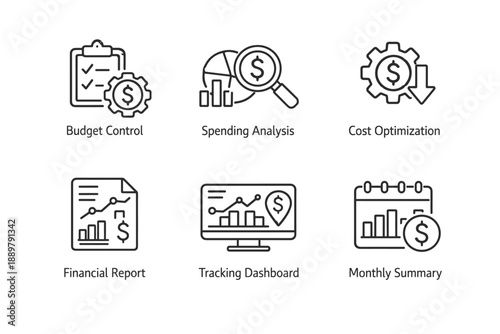 Minimal line icon set illustrating budgeting and financial management tools including budget control, spending analysis, cost optimization, reports, dashboards