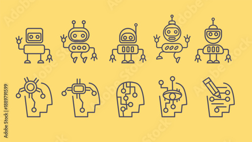 Doodle robot and techno heads icon elements. Ai interface retro style illustration
