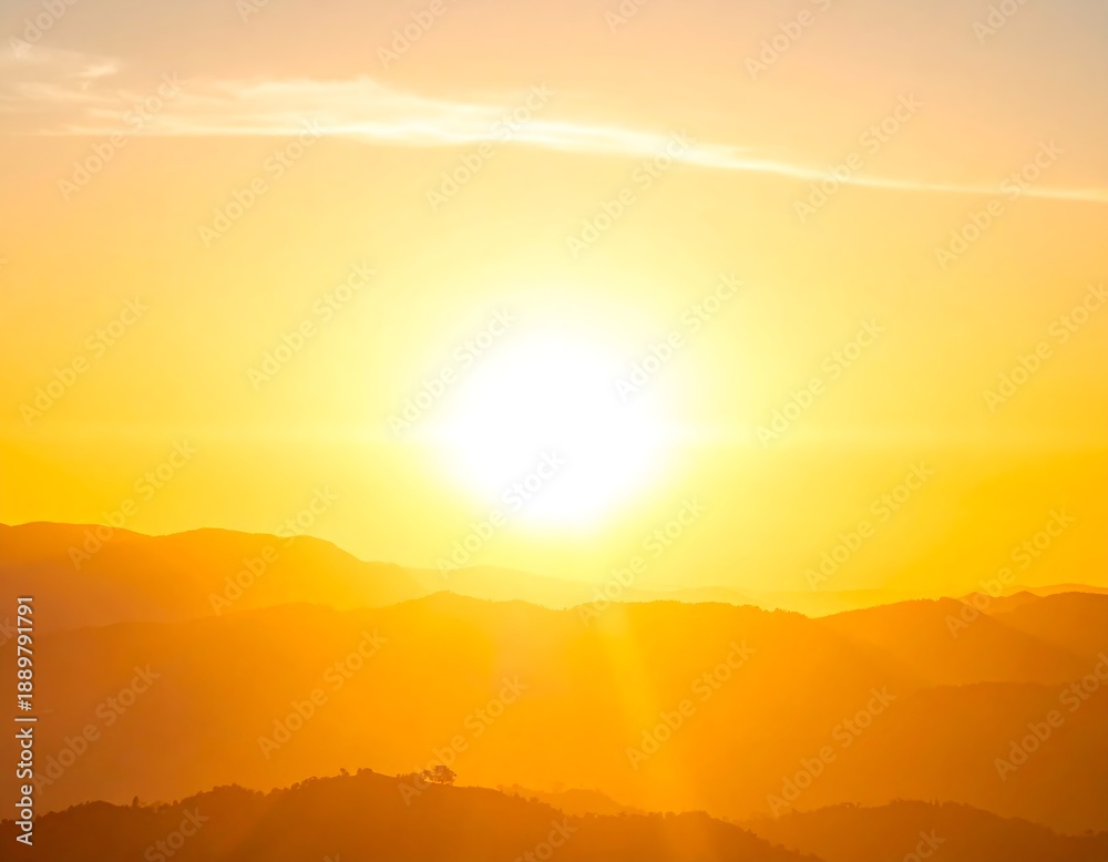 Fototapeta premium Golden sunrise over rolling hills, with bright sunburst and warm yellow hues