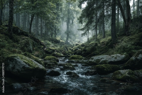 Wallpaper Mural Hidden forest river flowing through mossy stones, diffused light through trees, mystical yet natural feeling, quiet cinematic mood, high-end wall art aesthetic Torontodigital.ca