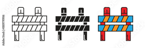 Set of road barrier icons in outline, glyph, and flat color styles for construction site safety and traffic warning design.