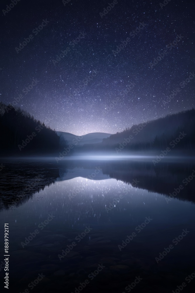 Fototapeta premium Still lake reflecting a star-filled night sky, subtle moonlight glow, soft fog hovering above the water, dreamlike silence, cinematic wide shot, ultra-detailed fine art
