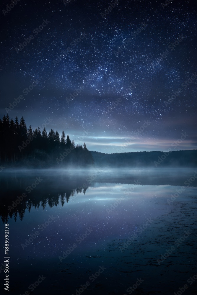 custom made wallpaper toronto digitalStill lake reflecting a star-filled night sky, subtle moonlight glow, soft fog hovering above the water, dreamlike silence, cinematic wide shot, ultra-detailed fine art