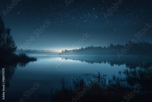 Wallpaper Mural Still lake reflecting a star-filled night sky, subtle moonlight glow, soft fog hovering above the water, dreamlike silence, cinematic wide shot, ultra-detailed fine art Torontodigital.ca