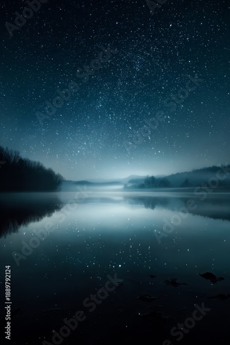 Wallpaper Mural Still lake reflecting a star-filled night sky, subtle moonlight glow, soft fog hovering above the water, dreamlike silence, cinematic wide shot, ultra-detailed fine art Torontodigital.ca