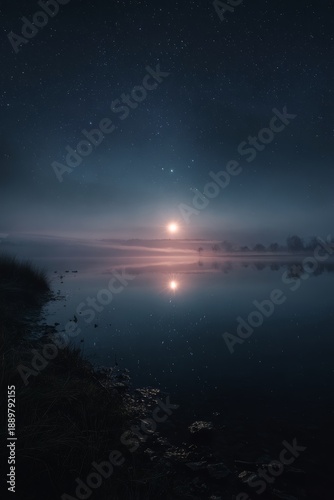 Wallpaper Mural Still lake reflecting a star-filled night sky, subtle moonlight glow, soft fog hovering above the water, dreamlike silence, cinematic wide shot, ultra-detailed fine art Torontodigital.ca