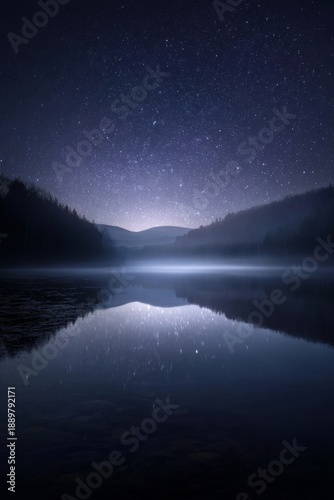 Wallpaper Mural Still lake reflecting a star-filled night sky, subtle moonlight glow, soft fog hovering above the water, dreamlike silence, cinematic wide shot, ultra-detailed fine art Torontodigital.ca
