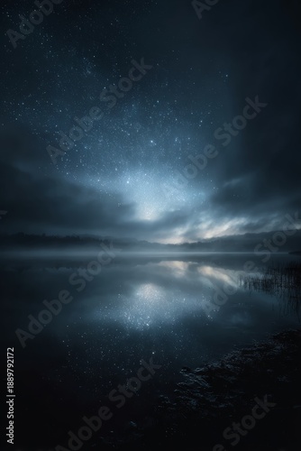 Wallpaper Mural Still lake reflecting a star-filled night sky, subtle moonlight glow, soft fog hovering above the water, dreamlike silence, cinematic wide shot, ultra-detailed fine art Torontodigital.ca