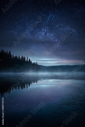 Wallpaper Mural Still lake reflecting a star-filled night sky, subtle moonlight glow, soft fog hovering above the water, dreamlike silence, cinematic wide shot, ultra-detailed fine art Torontodigital.ca